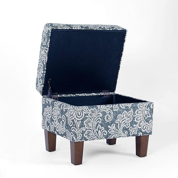 Homepop Home Decor |K7646-A879| Upholstered Modern Rectangular Storage Ottoman | Hinged Lid Ottoman with Storage for Living Room & Bedroom, Blue Denim Jacobean Print
