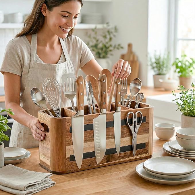 Wooden Kitchen Utensil Holder Organizer for Counter or Countertop, Acacia Utensil Holder with Magnetic Strip for Knife, Cooking and Silverware Storage(4 Compartment, Extra Large)