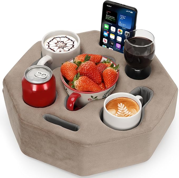 Couch Cup Holder Pillow, Octagon Caddy for Coffee, Phone, Remote - Drink Holder Tray for Bed, Car, Sofa, Table