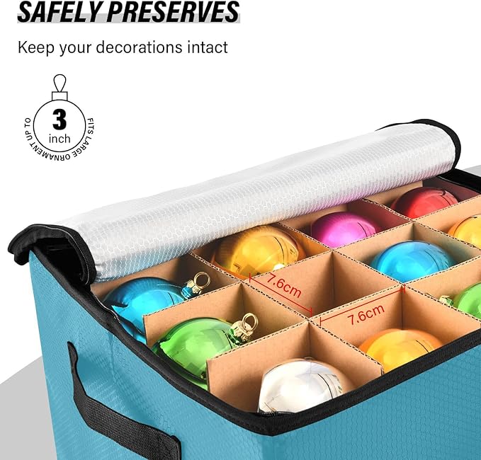 Blue Christmas Ornament Storage Basket Box Holiday Storage Container Cube with Adjustable Dividers for 64 Holiday Ornaments or Decorations Keeps Clean and Dry for Next Season