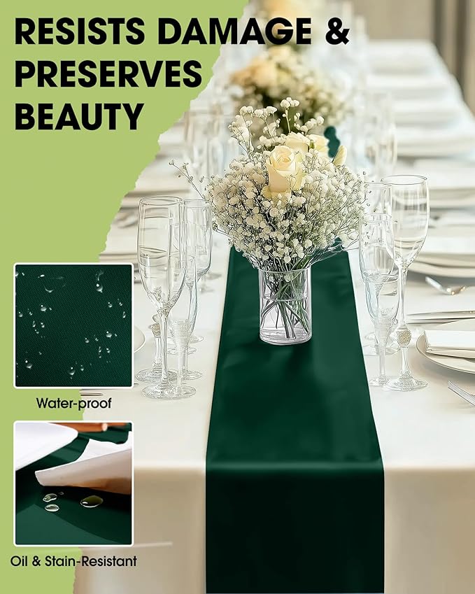 Pureegg Emerald Green Plastic Table Runners - 10 Pack, 14'' x 108'', Water Resistant & Disposable Centerpiece Decorations for Table Cloth, Wedding, Birthday, Holiday, Baby Shower, Party, Home Decor