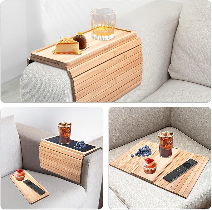 Sofa Arm Tray, Couch Arm Table, Anti-Slip Arm Rest Table for Couch, Universal/Flexible/Foldable/Portable Couch Cup Holder Tray for Drinks, Snacks, Remote