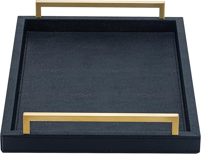XIGEXIGE Black Faux Leather Serving Tray, 17x12 inches, Brushed Gold Handles, Decorative Tray for Ottoman Coffee Table, Living Room, Kitchen, Bathroom
