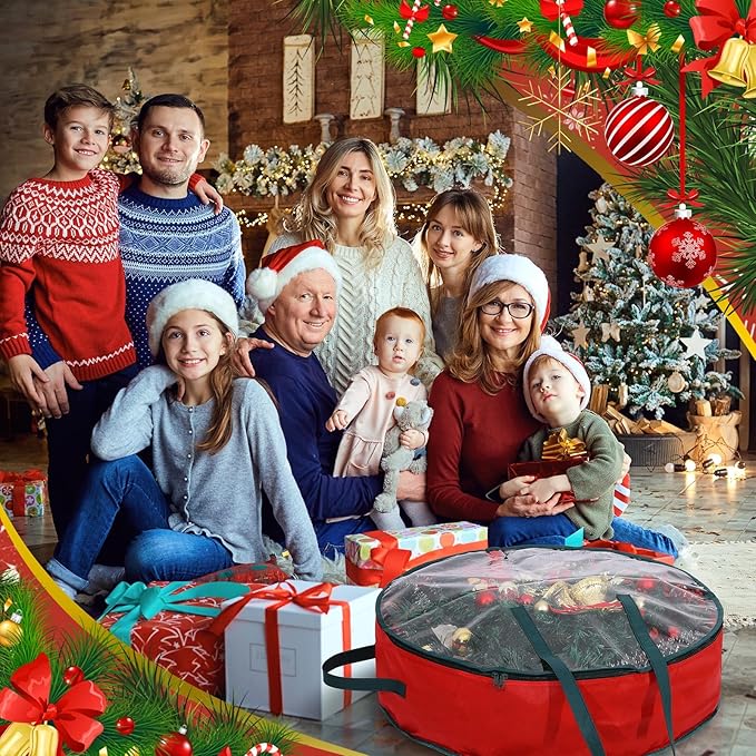 Shappy 4 Pcs Red Wreath Storage Bag Clear Wreath Box Storage Containers with Clear Window and Handle Garland Containers for Holiday Seasonal Bags (36 Inch)
