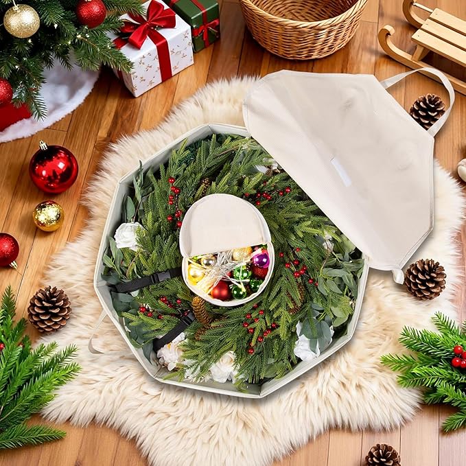 BrilliantJo Wreath Storage Hard Shell Christmas Decorations Case Bag with Interior Pockets 600D Oxford Fabric 24 Inch Xmas Container Box for Holiday Zipper and Handles Labeling Card Slot Houndstooth