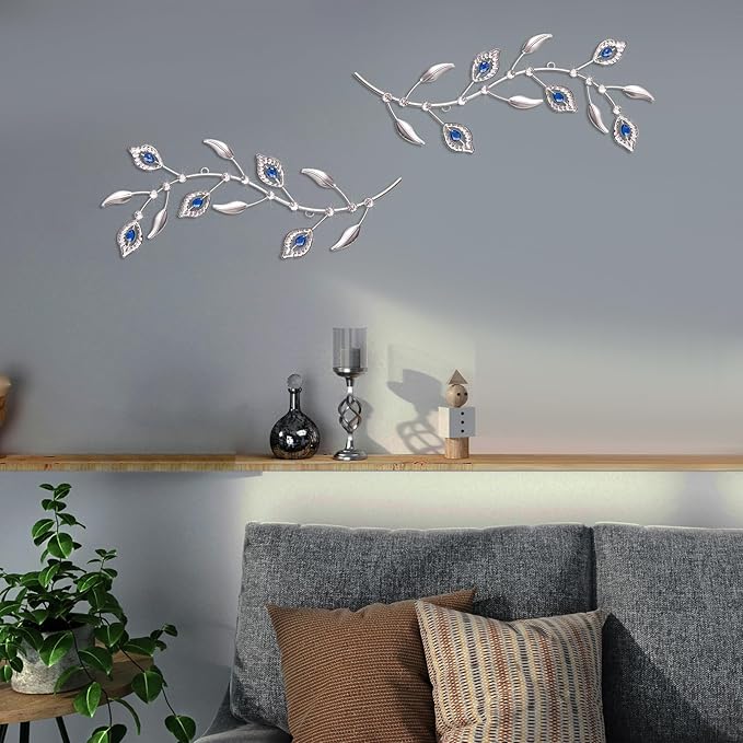 sxnzequnze 2 Pcs Metal Leaf Wall Art Crystal Bling Decorations Silver Leaves 3D Iron Handmade Home Decor Hanging Minimalist Accents Modern Set for Living Room Bathroom Bedroom Dining Room Hallway