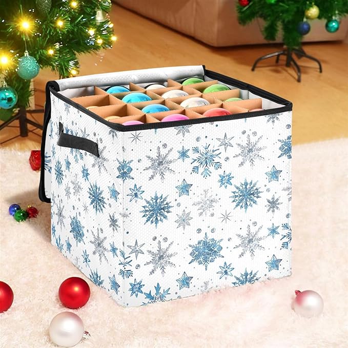 Blue Silver Snowflake Christmas Ornament Storage Basket Box Winter Xmas Holiday Storage Container Cube with Adjustable Dividers for 64 Holiday Ornaments or Decorations Keeps Clean and Dry