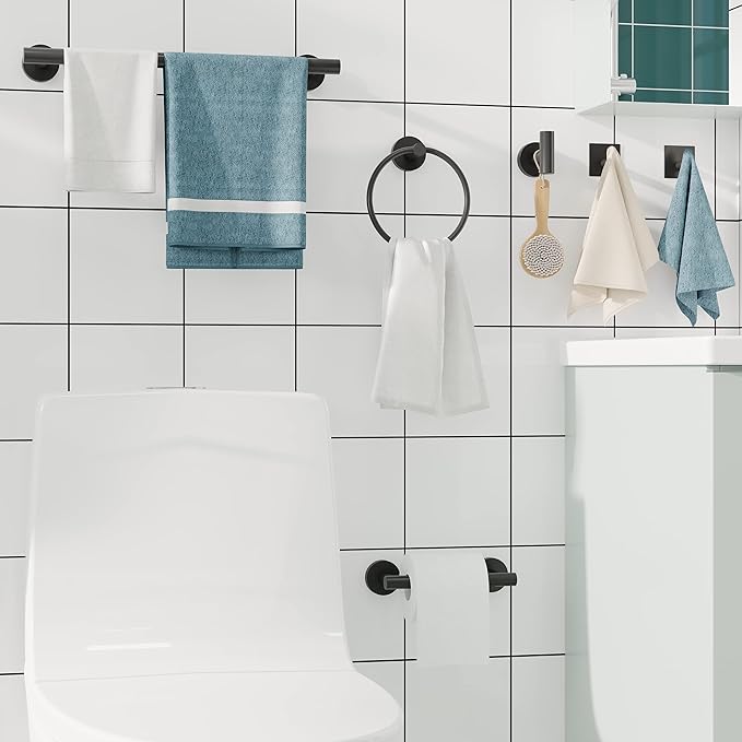RARXTR 6 PCS Bathroom Hardware Set, Including 16" Hand Towel Bar, Toilet Paper Holder, Towel Ring, Robe Towel Hooks, Bathroom Accessories Kit(Matte Black)