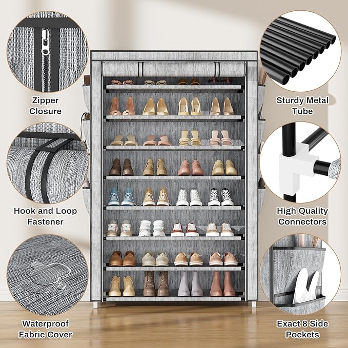 VILICK Shoe Rack with Cover, 8 Tier Tall Shoe Organizer Storage for 36-45 Pair Shoes and Boots Large Shoe Storage Shelf Free Standing Shoe Rack for Closet, Front Door Entrance, Dorm, Garage, Printing