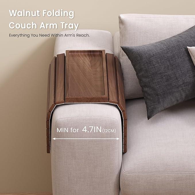 Sofa Arm Tray,Walnut Wood Folding Couch Arm Trays,Sofa Armrest Tray with Anti-Slip Pad for Drinks,Snacks,Phone,Remote Control