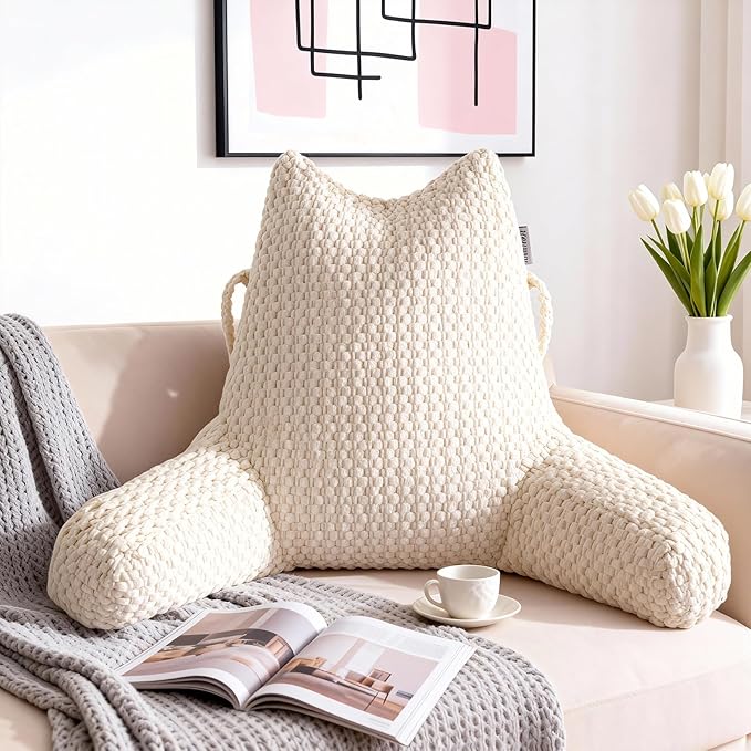 Reading Pillow for Bed Sitting Up, Backrest Pillow with Shredded Memory Foam Filling, Back Support Cushion, Bed Rest Pillow with Arms, Pockets and Washable Cover-Beige