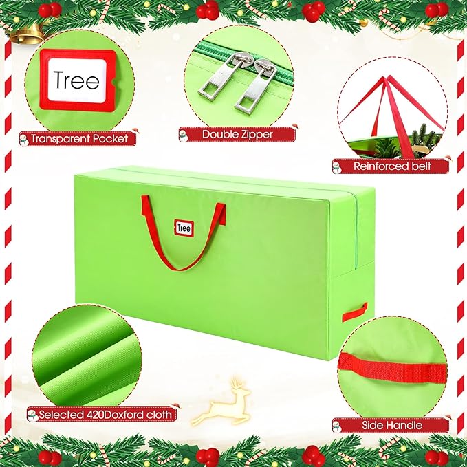 9 ft Christmas Tree Storage Bag Heavy Duty 420D Oxford Artificial Christmas Tree Bag with Reinforced Handles Dual Zippers Card Slot Wide Opening Extra Large Storage Container, Green