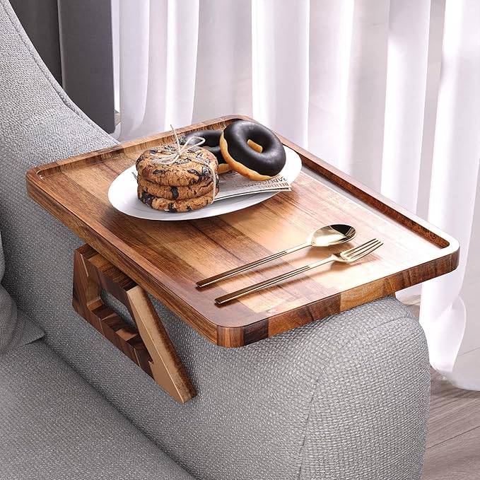 Acacia Wood Couch Arm Tray,Folding Sofa Armrest Tray,Couch Arm Table Clip-On Couch Desk for Drinks, Snacks,Phone,Remote Control