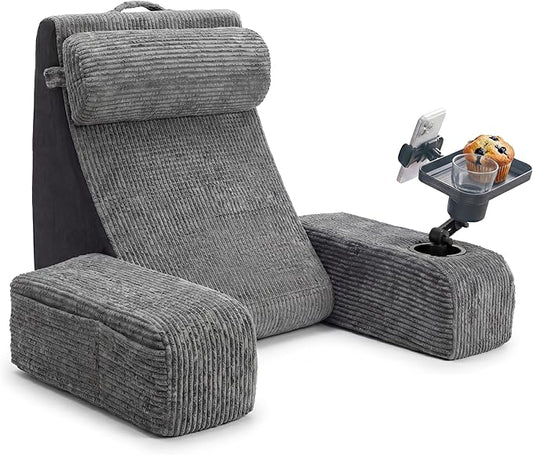 TabCouchCaddy Reading Pillow for Adults – 24” XL Memory Foam Backrest with Detachable Arms, Cup Holder, Phone Caddy & Adjustable Tray Mount | Back Pillow for Bed Sitting Up, Reading, TV & Recovery