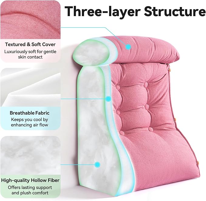 23" H Bed Wedge Reading Pillow with Adjustable Headrest, Reading Pillow for Sitting in Bed Couch Adult Backrest Pillow for Neck Back Lumbar Support with Removable Washable Cover Magenta