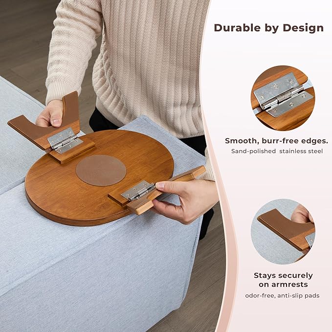 DETOR Clip-On Couch Armrest Table, 13.4" x 10" Oval Shape, Caramel Bamboo Finish, Stainless Steel Hinges, Odor-Free Non-Slip Pads, Fits 6"–10" Armrests
