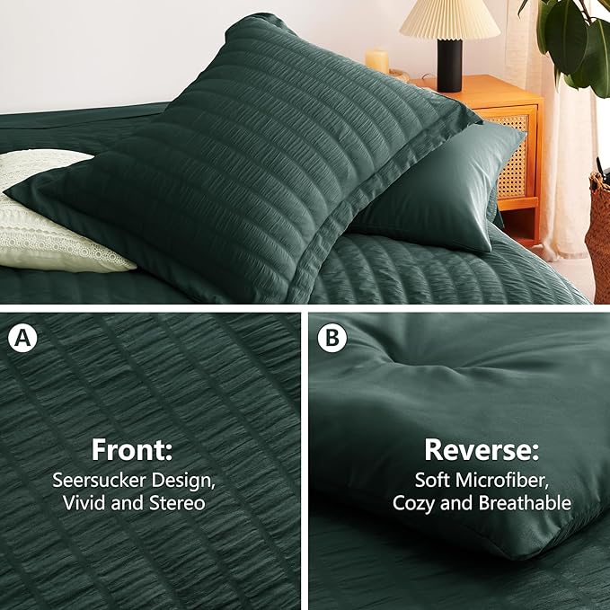 CozyLux King Size Comforter Set Forest Green Seersucker 7 Pieces Bed in a Bag King Comforter Set with Sheets, Luxury Soft Bedding Sets with Down Alternative Comforter, Sheets, Pillowcases & Shams