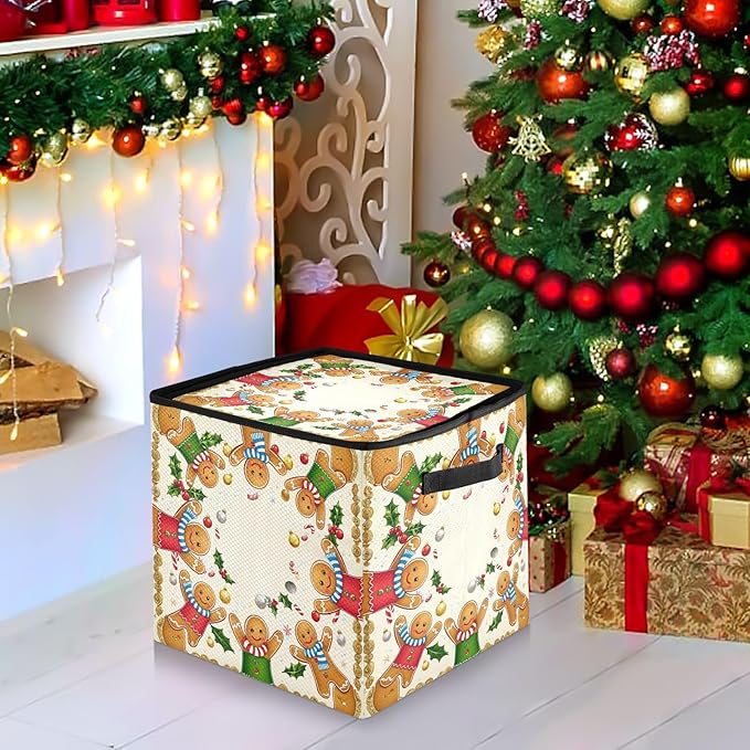 Gingerbread Man Red Christmas Ornament Storage Basket Box Winter Xmas Bells Holiday Storage Container Cube with Adjustable Dividers for 64 Holiday Ornaments or Decorations Keeps Clean and Dry