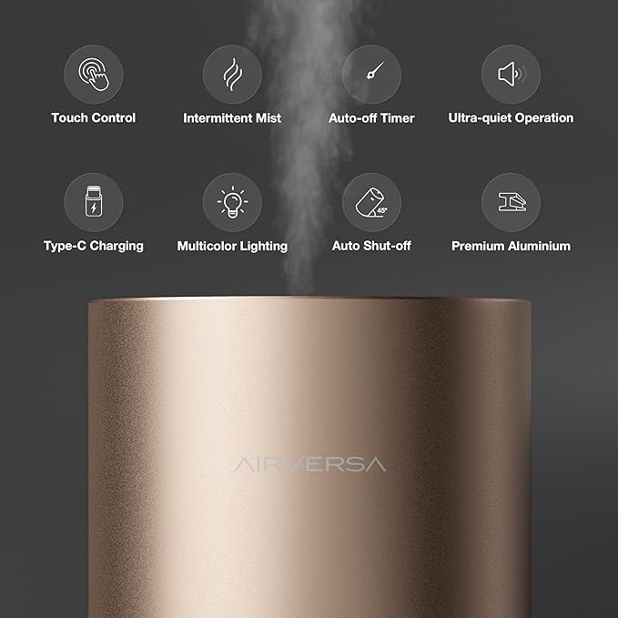 Airversa Waterless Essential Oil Diffuser for Home Room Desk Car Air Freshener Diffuser, Up to 600 sq ft, Battery Operated, Mist Level and Timer Settings, 100mL Capacity, Cold Air, RD1 Titanium