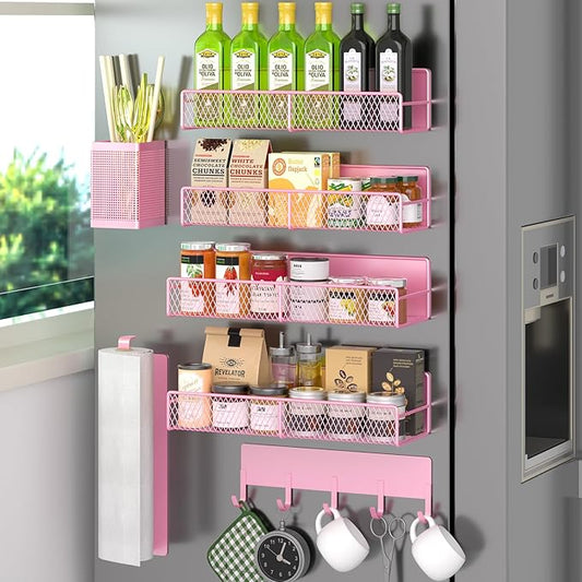 Magnetic Spice Rack for Refrigerator, 7 Pack 100% Metal Strong Magnet Shelves, Kitchen Spice Organizer W/ Hook Rack, Paper Towel Holder, Utensils Caddy, Home Laundry Room Storage Organization (Pink)