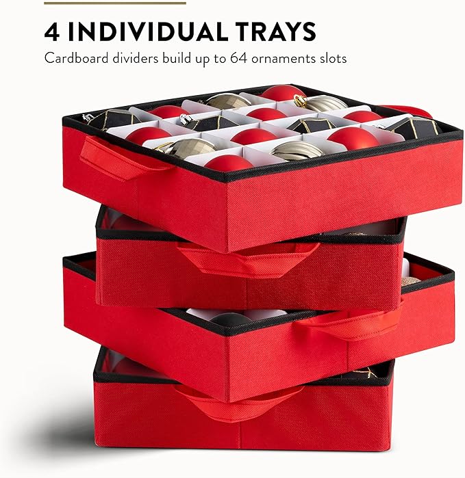 Zober Christmas Ornament Storage Box - Stores 64 Ornaments - Non-Woven, Tear- Proof Christmas Ornament Storage Containers - 3 Inch Cube Compartments - Red