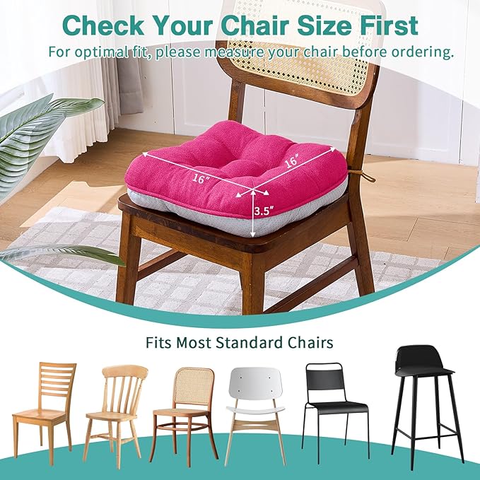 BETU Chair Cushions for Dining Chairs Set of 6,3.5" Thick Kitchen Table Chair Pads with Ties,Non Slip Backing and Covers, Seat Cushion for Dining Room,Bar,Patio Chairs,16"X16"X3.5",Hot Pink
