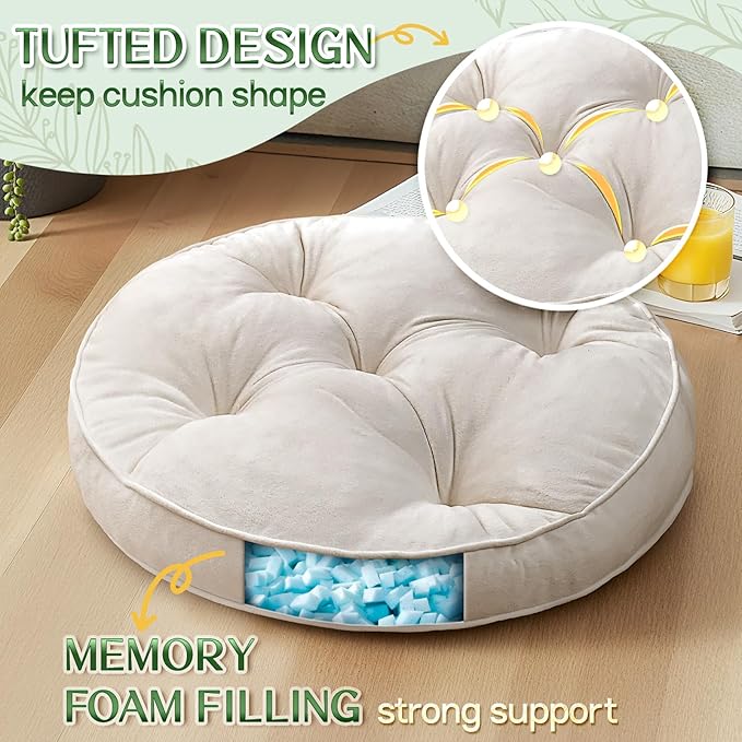1 MIDDLE ONE Floor Pillow Set of 2, Memory Foam Meditation Cushion, Floor Cushions for Adults Sitting, Large Round Seat Cushions for Yoga, Living Room, 20x20 Inch (Round | Off-White)