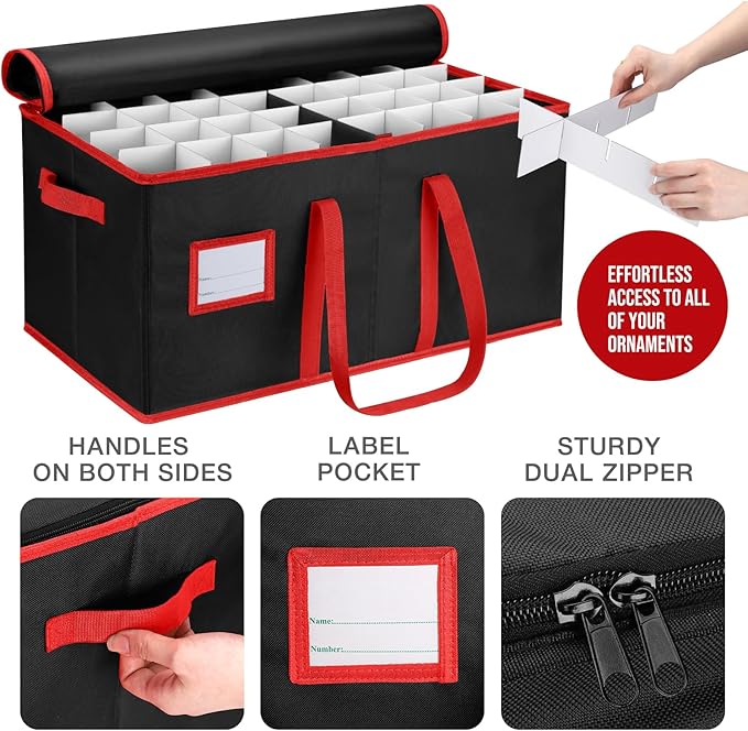 EIMMBD Christmas Ornament Storage Box and Storage Bag, 3 Tray Organizer Box with Dividers Keep 128-3" Holiday Ornaments, Heavy Duty 600D, Christmas Storage Containers with Handles Zipper(Black)