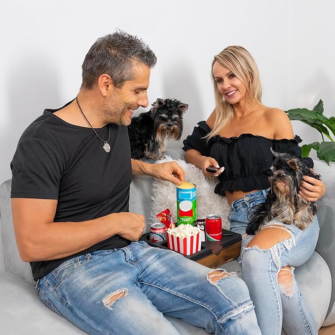 Silicone Couch Cup Holder Tray – Handy Silicone Acacia Couch Caddy with Cup Holder & Phone Stand – Waterproof Anti-Spill Snack & Bed Caddy Organizer Sofa Tray for Drinks, Snacks, & Remotes (Black)