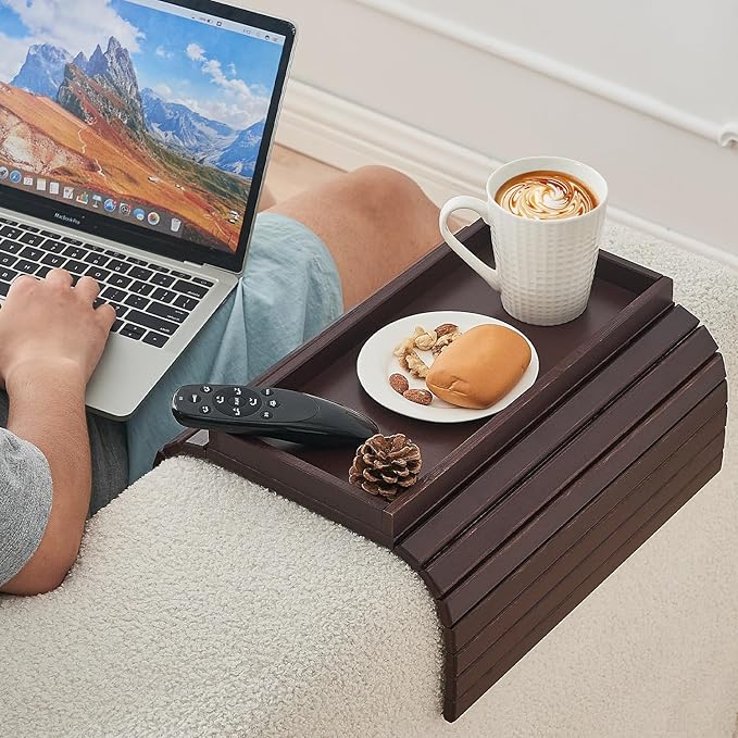 LOVYANXUE Bamboo Sofa Arm Tray, Anti Falling Couch Arm Tray Table, Foldable Couch Armrest Table, Portable Sofa Armrest Trays Cup Holder for Drink, Cups, Phone, Snacks, Remote