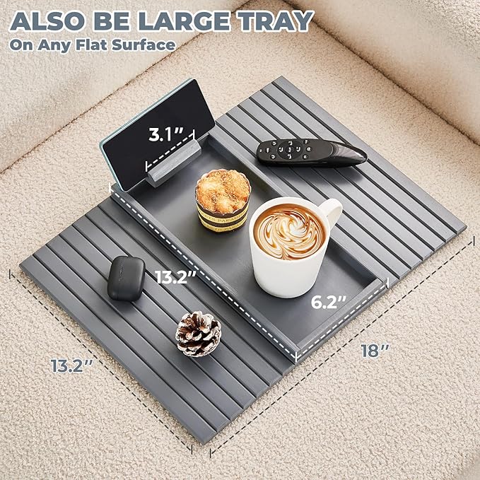 LOVYANXUE Bamboo Sofa Arm Tray, Anti Falling Couch Arm Tray Armrest Table with 360° Rotating Phone Holder, Foldable and Portable Sofa Armrest Trays Cup Holder for Drink,Cups, Phone, Snacks, Remote