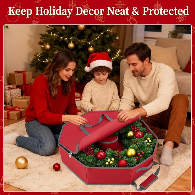 KYEVIS Christmas Wreath Storage Container, 24 Inch Tear-Resistant Dustproof Wreath Bag with Interior Pockets & Dual Handles and Zipper for Garland Ornament Holiday Decor Organizer