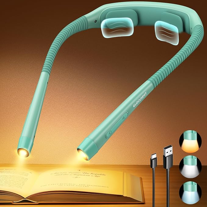 Glocusent Ergonomic Reading Lights for Books in Bed, 1600mAh Rechargeable Book Light for 100 Hrs - 3 Colors & 5 Brightness, Neck Light with Timers, Sleep Aid & Travel Lock