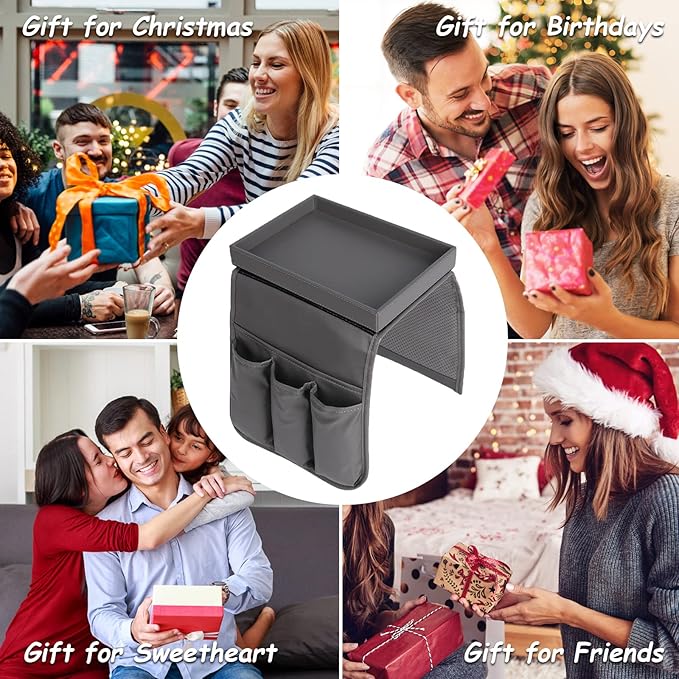 Couch Caddy, Armchair caddy with Detachable Tray, Non-Slip PU Leather Remote Control Holder for Recliner with 5 Pockets (Light Grey)