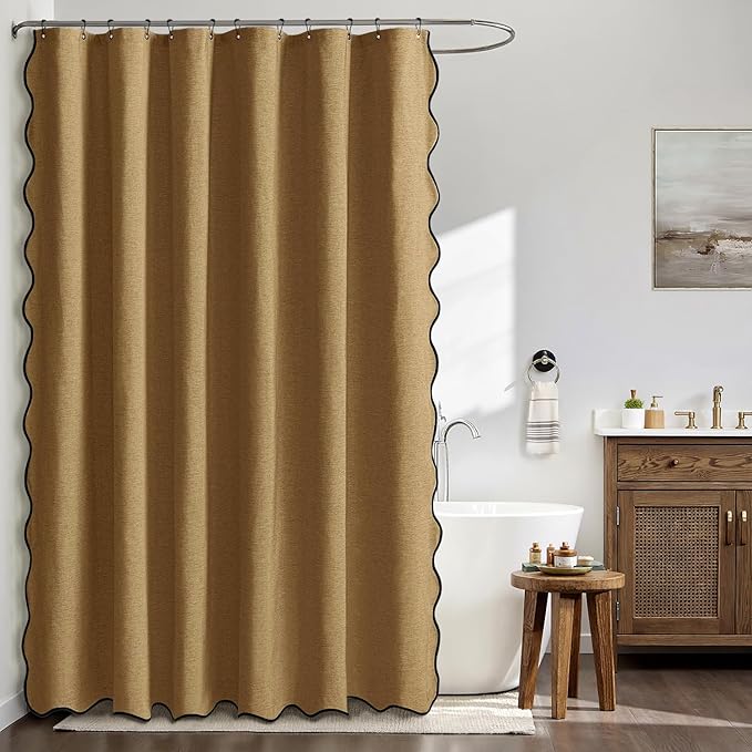 MIULEE 84" Long Scalloped Shower Curtain Linen Textured with 12 Metal Hooks Extra Long Heavy Duty Washable Waterproof Cloth Shower Curtains with Black Border for Bathroom Hotel Bathtub,Gold Brown