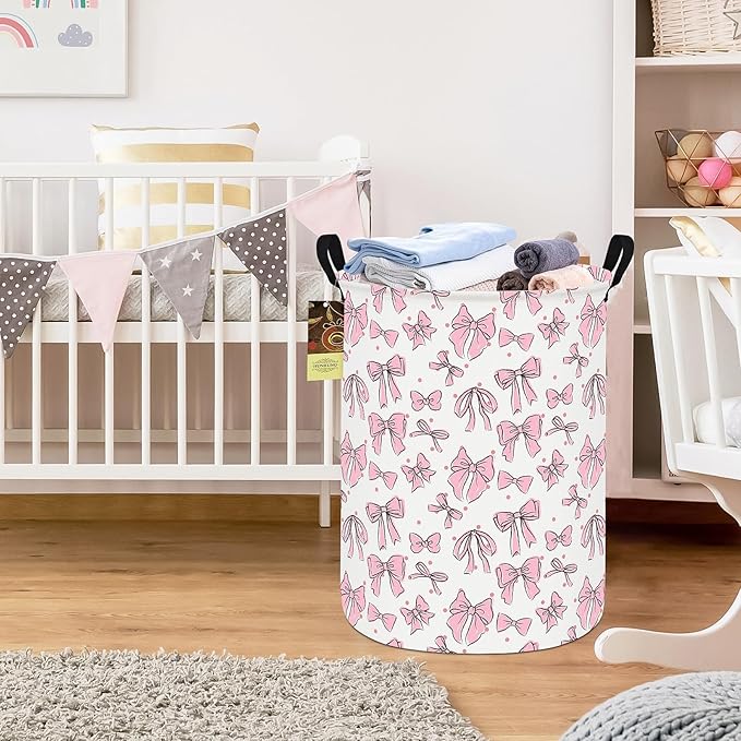 HUNRUNG Collapsible Fabric Storage Basket, Waterproof Laundry Hamper with Handles, Round Storage Bin for Clothes Toys, Foldable Organizer for Bedroom Nursery Bathroom(Round-Pink Bow)
