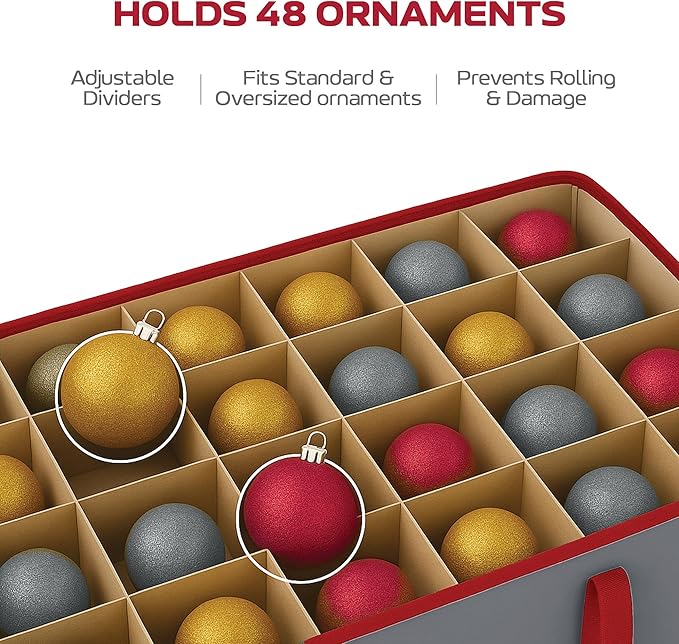 128 Ornament Storage Box – Adjustable Dividers, Stackable Holiday Ornament Organizer with Lid, Durable Fabric Bin for Christmas Decorations – Reinforced Handles, Dustproof & Space-Saving Design (Grey)