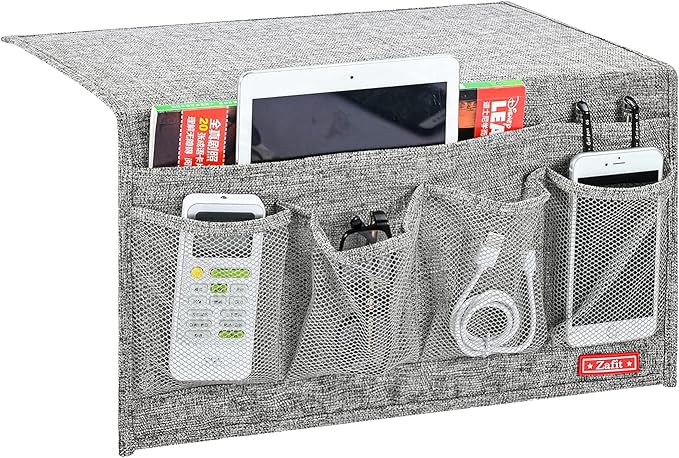 Zafit Linen 6 Pockets Bedside Caddy, Bedside Storage Organizer for Magazine, Remotes, Phone (Grey)