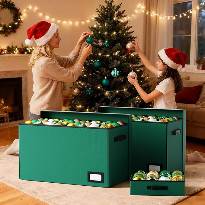 Christmas Ornament Storage Box, Ornament Organizer Storage box with Lids and Adjustable Dividers, Store Up to 128-3" Ornaments, Large Holiday Decor Storage Container with 8 Stackable Trays, Green