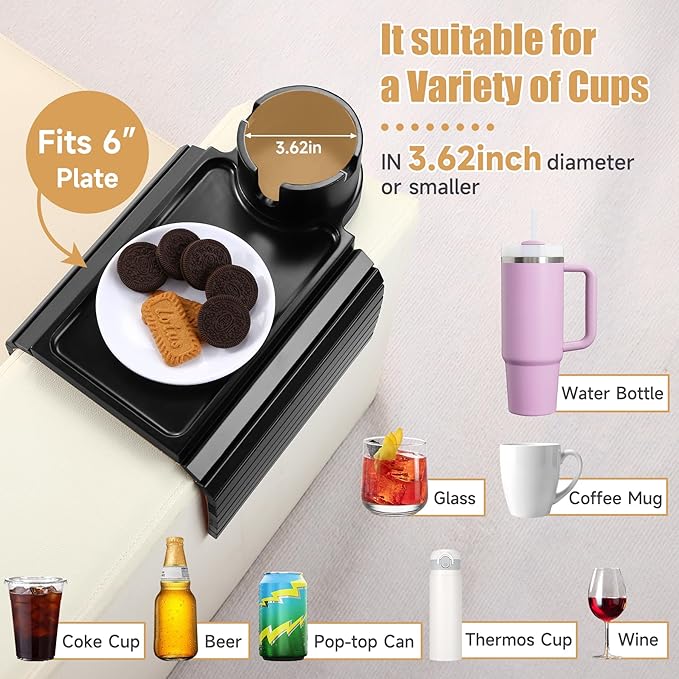 SINWANT Couch Cup Holder Tray,Foldable Sofa Arm Clip on Tray Table with 360° Rotation Cup Holder,Bamboo Anti-Slip Couch Armrest Table for Coffee Cup,Water Bottles,Mug,Snacks,Remote on Large Armrest