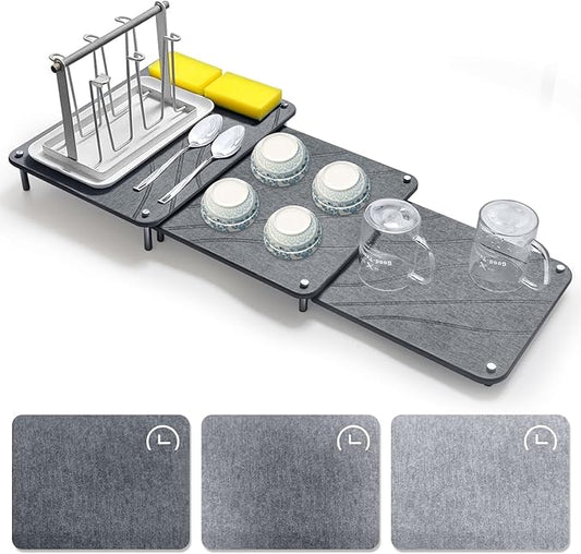3Pcs Nesting Stone Drying Mat for Kitchen Counter, Quick Drying Stone Dish Drying Mat with Non-Slip Feet, Super Absorbent Heat Resistant Diatomaceous Earth Dish Drying Mat for Dishes, Bottles-Curve