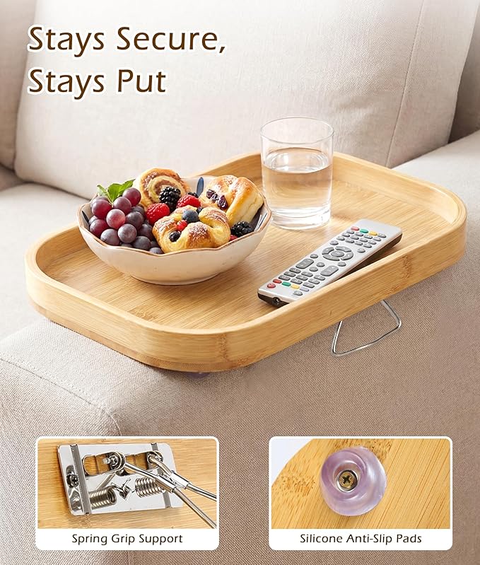 Sofa Arm Tray Table, Bamboo Couch Armrest Tray Clip-On with Adjustable Width Support Leg, Non-Slip Silicone Pads & Scratch Protection, Couch Side Table for Drinks, Snacks, Remote