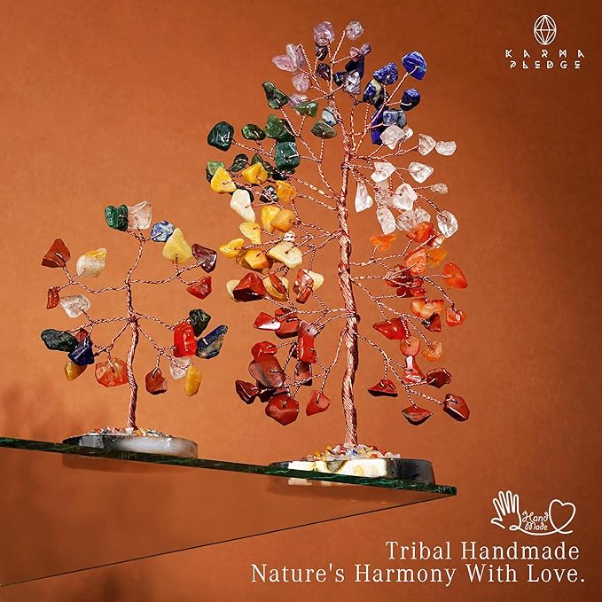 Set of 2 Crystal Trees Unique Birthday Gifts for Women, Mom & Dad, Slice Base Handmade Reiki Healing Stones for Home, Office Desk Decor, Bring Money, Positivity, Spiritual Good Luck Gifts