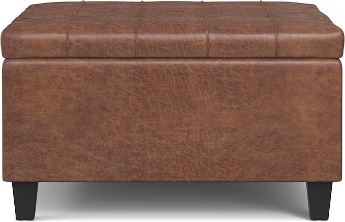 SIMPLIHOME Harrison Small Coffee Table Storage Ottoman - 30 inch Wide Upholstered Vegan Leather Square Lift-Top Ottoman in Distressed Saddle Brown, Transitional Ottoman for Living Room with Storage