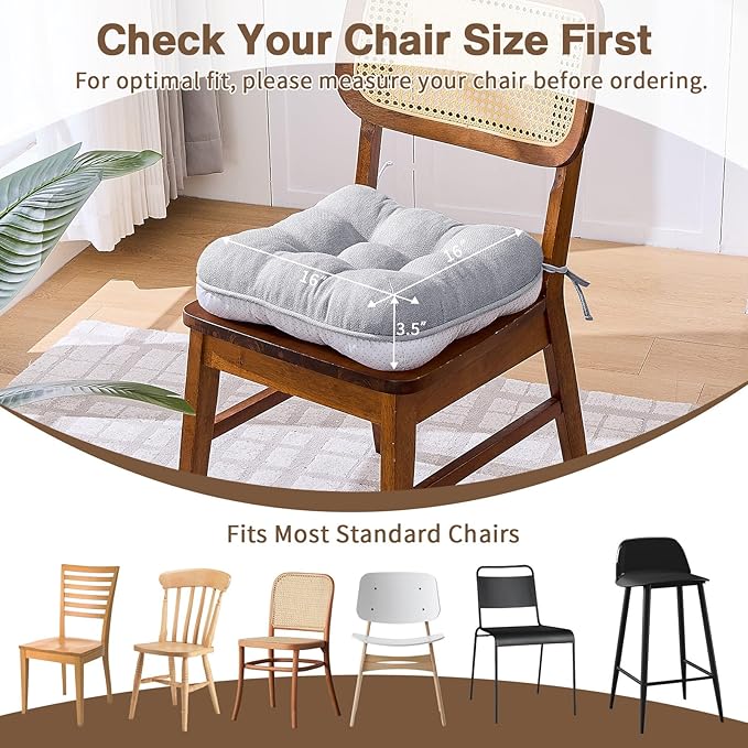 BETU Chair Cushions for Dining Chairs Set of 6,3.5" Thick Kitchen Table Chair Pads with Ties,Non Slip Backing and Covers, Seat Cushion for Dining Room,Bar,Patio Chairs,16"X16"X3.5",Light Grey