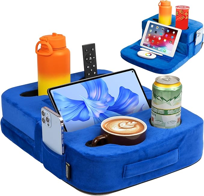 TabCouchCaddy - Couch Cup Holder Tray Pillow - Bed, Couch Caddy, Sofa, RV & Car - Holds Drinks, Snacks, Remotes, Phones, Kindle, Tablet | Bed Cup Holder (Blue)