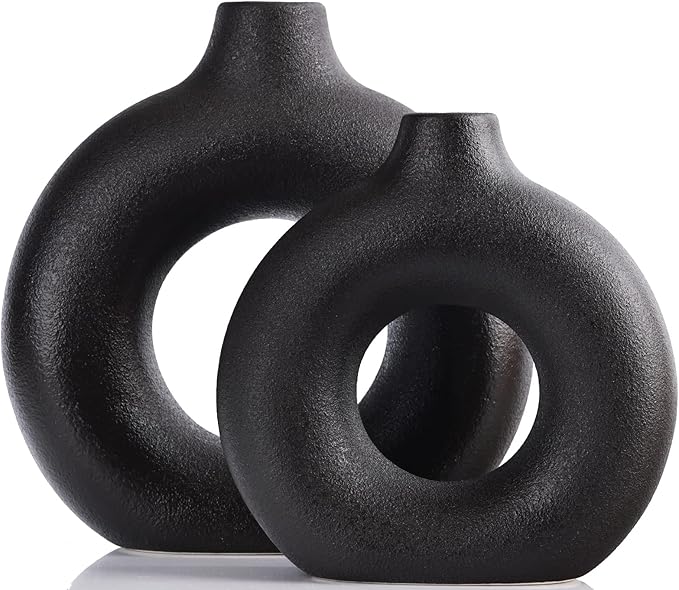 Matte Black Ceramics Vase for Home Decor,Minimalist Nordic Hollow Donut Vase Set of 2,Modern Boho Decor for Kitchen Table Centerpiece,Living Room,Fire Place,Bookshelf,Office,Entryway,Console