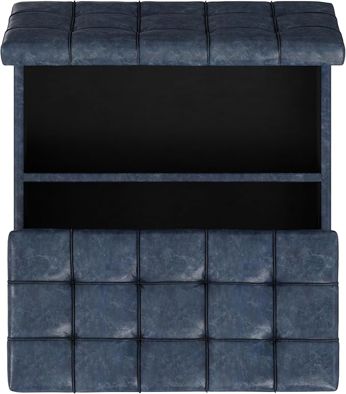 SIMPLIHOME Harrison Large Coffee Table Storage Ottoman - 40 inch Wide Upholstered Vegan Leather Square Lift-Top Ottoman in Denim Blue, Transitional Bench for Living Room with Sturdy Base