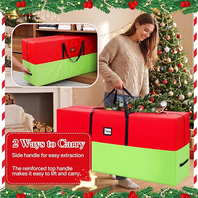 7.5 ft Christmas Tree Storage Bag Heavy Duty 420D Oxford Artificial Christmas Tree Bag with Reinforced Handles Dual Zippers Card Slot Wide Opening Extra Large Storage Container, Green and Red