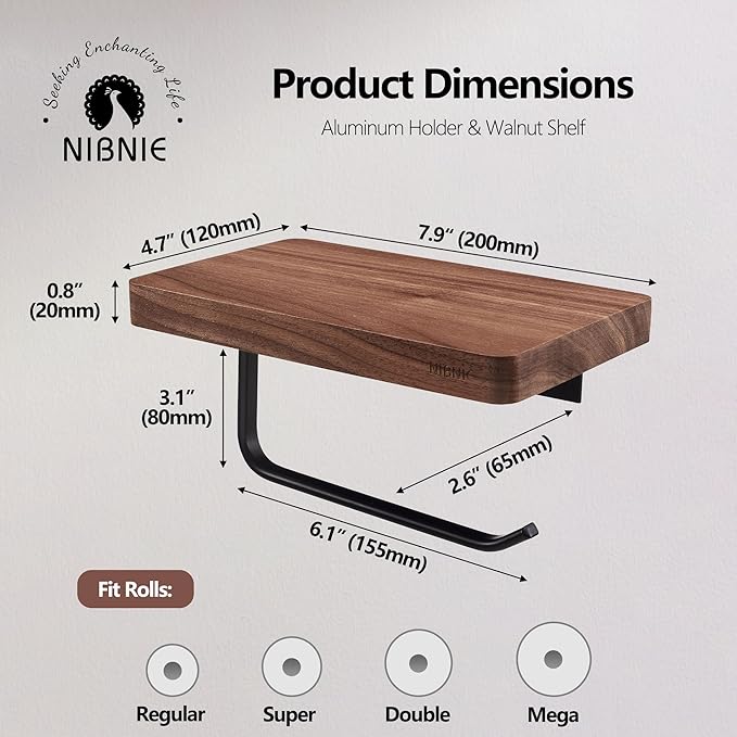Walnut Wood Toilet Paper Holder with Phone Shelf, Adhesive or Drill Installation Bathroom Washroom Wall Mount Wooden Toilet Tissue Roll Holder with Shelf for Hold Wipes, Cell Phone (Flat)